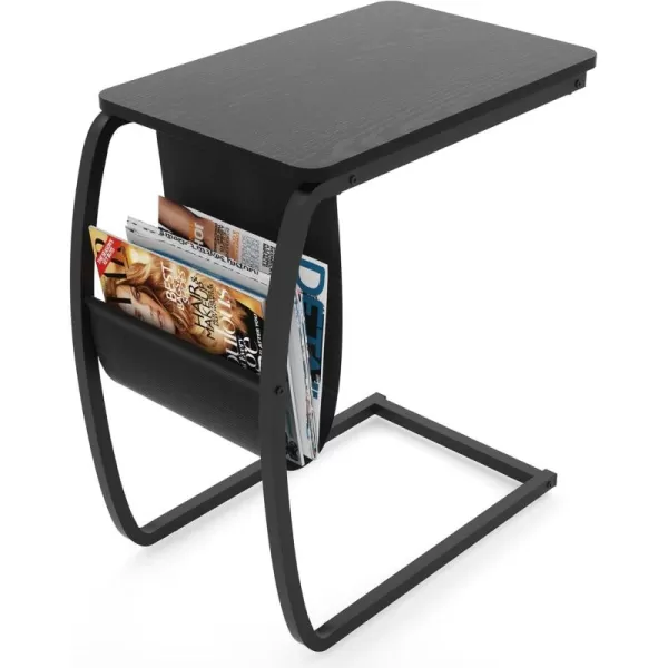 SRIWATANA Side Table C Shaped End Table with Storage Pocket and Rolling Wheels for Laptop Coffee Snack Light WalnutBlack