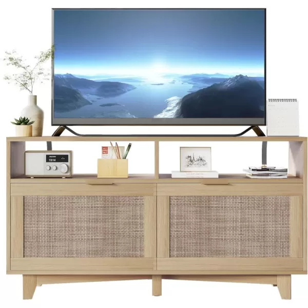 SRIWATANA TV Stand for Televisions up to 55 Inch Wooden TV Cabinet with 2 Rattan Doors Entertainment Center with Storage Media Furniture for Living Room Bedroom Oak