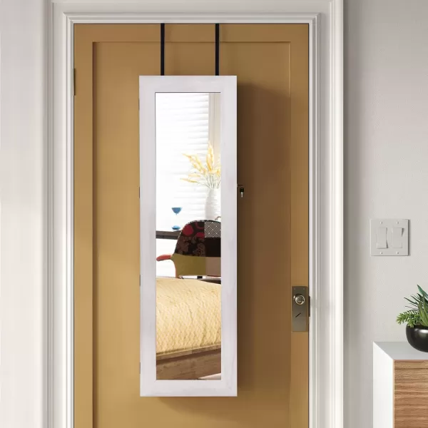 imageSRIWATANA Jewelry Organizer WallDoor Mounted Jewelry Armoire Cabinet with Mirror Solid WoodDark BrownWashed White