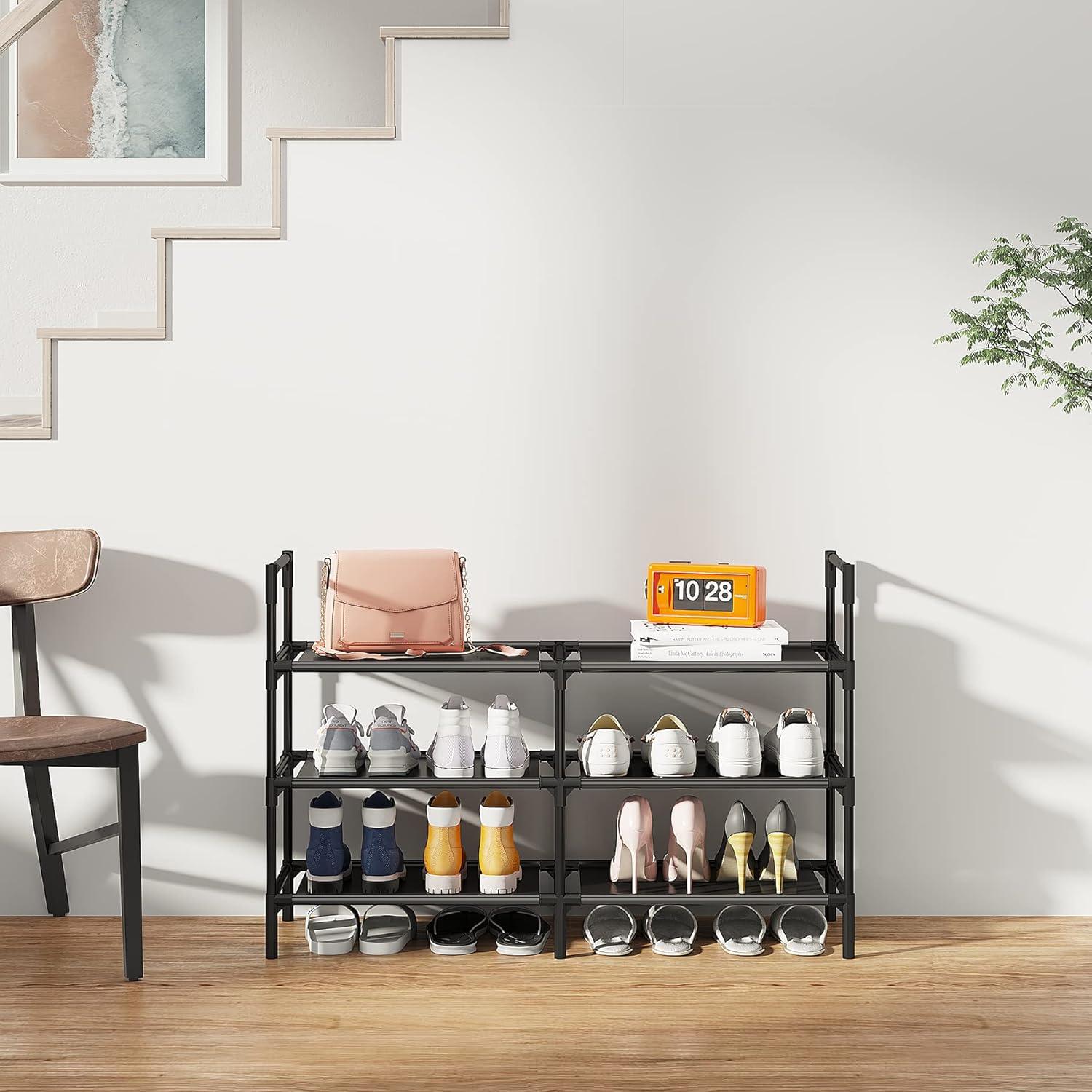 imageCalmootey 3Tier Shoe Rack Double Row Storage Organizer1215 Pairs Shoe Storage Shelf for EntrywayLiving RoomBlackBlack
