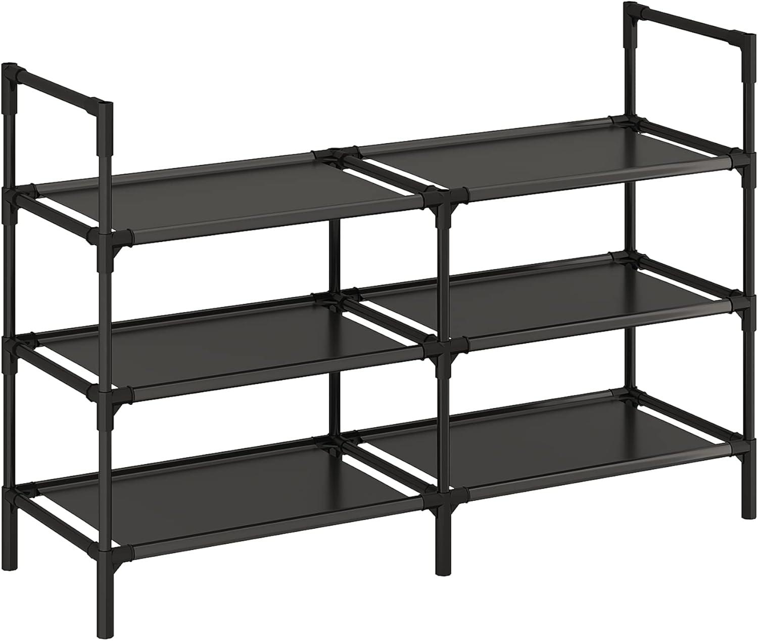 imageCalmootey 3Tier Shoe Rack Double Row Storage Organizer1215 Pairs Shoe Storage Shelf for EntrywayLiving RoomBlackBlack