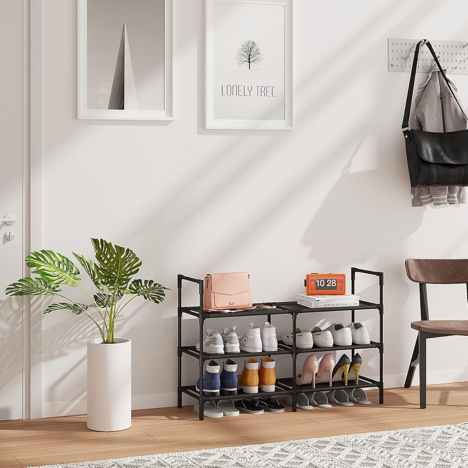 imageCalmootey 3Tier Shoe Rack Double Row Storage Organizer1215 Pairs Shoe Storage Shelf for EntrywayLiving RoomBlackBlack