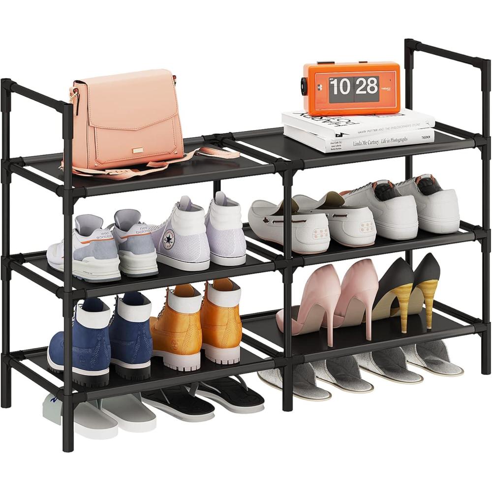 imageCalmootey 3Tier Shoe Rack Double Row Storage Organizer1215 Pairs Shoe Storage Shelf for EntrywayLiving RoomBlackBlack