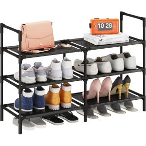 imageCalmootey 3Tier Shoe Rack Double Row Storage Organizer1215 Pairs Shoe Storage Shelf for EntrywayLiving RoomBlackBlack
