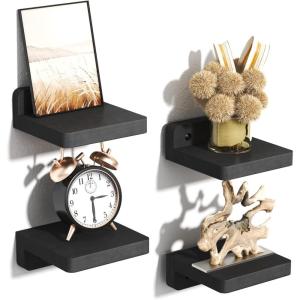 imageSRIWATANA 5 Inches Small Floating Shelves Mini Display Shelf for Wall Decor and Storage Set of 4 Wooden Wall Shelves for Bedroom Bathroom Kitchen Living Room Office Weathered BlackBlack
