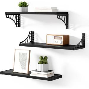image:imageSRIWATANA Floating Shelves for Wall Decor Bridge Design Wood Wall Shelves for Bedroom Bathroom Living Room amp Kitchen Set of 3 BlackBlack