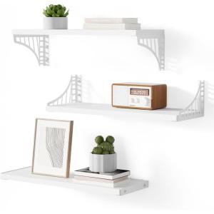 image:imageSRIWATANA Floating Shelves for Wall Decor Bridge Design Wood Wall Shelves for Bedroom Bathroom Living Room amp Kitchen Set of 3 BlackWhite