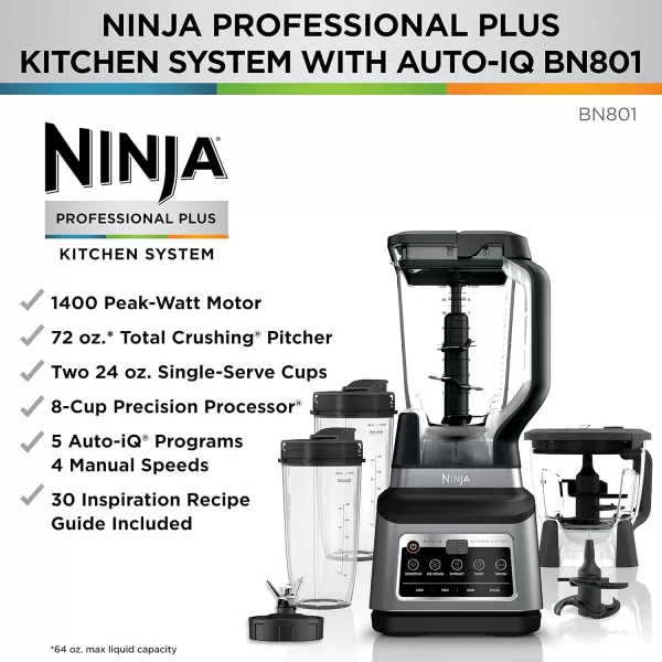 Ninja BN751 Professional Plus DUO Blender 1400 Peak Watts 3 AutoIQ Programs for Smoothies Frozen Drinks ampamp Nutrient Extractions 72oz Total Crushing Pitcher ampamp 2 24 oz ToGo Cups BlackGrey