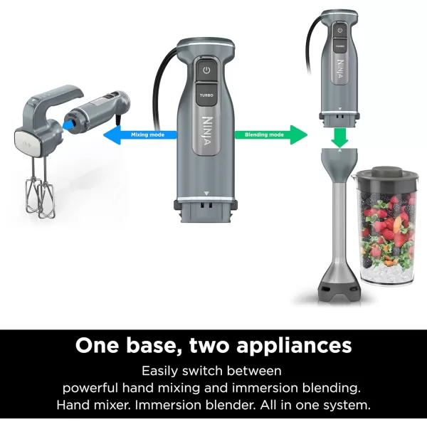 Ninja CI105BRN Foodi Power Mixer System 750PeakWatt Immersion Blender and Hand Mixer EasyGlide Beaters Dough Hooks 3Cup Blending Vessel Sea Salt Gray