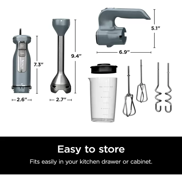 Ninja CI105BRN Foodi Power Mixer System 750PeakWatt Immersion Blender and Hand Mixer EasyGlide Beaters Dough Hooks 3Cup Blending Vessel Sea Salt Gray