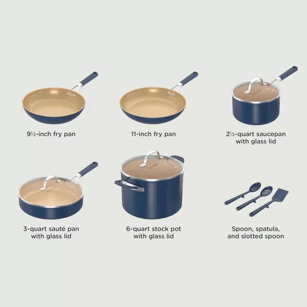 Ninja Ceramic Cookware Set Extended Life 11Piece Kitchen Cookware Sets with Comfort Grip Nonstick Fry Pans Pots PTFE Free Oven ampamp Dishwasher Safe Stovetop Compatible Navy Blue CW49011