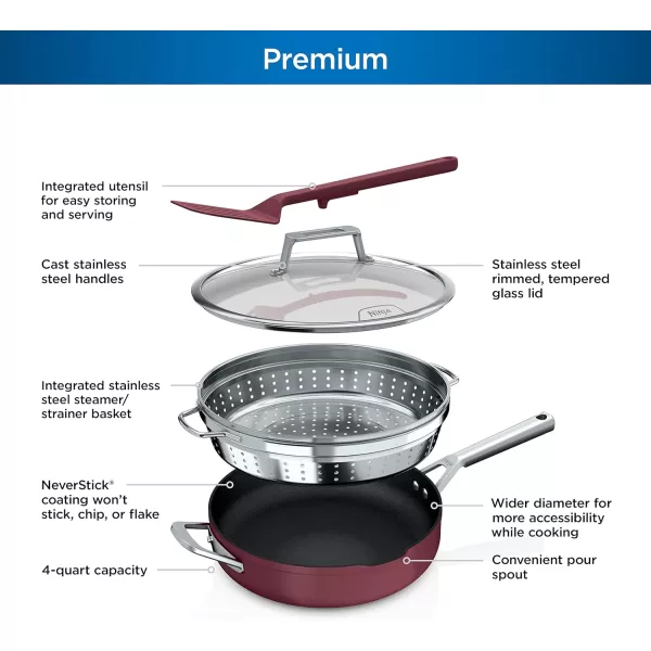 Ninja Cookware Steamer Strainer Basket Glass Lid and Spatula Foodi NeverStick PossiblePan Premium Set with 4Quart Capacity Pan Nonstick Durable Oven Safe Cookware Cherry Tart CW102RDCherry Tart