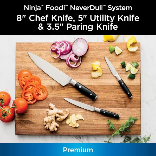 Ninja K32003 Foodi NeverDull System 3Piece Chef Knife Utility Knife ampamp Paring Knife Set Premium German Stainless Steel Black