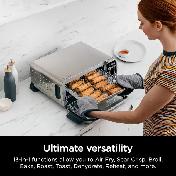 Ninja SP301 Dual Heat Air Fry Countertop 13in1 Oven with Extended Height XL Capacity Flip Up ampamp Away Capability for Storage Space with Air Fry Basket SearPlate Wire Rack ampamp Crumb Tray Silver13in1 with Thermometer