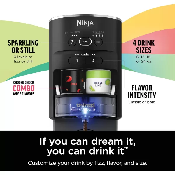 Ninja Thirsti Drink System Soda Maker Create Unique Sparkling ampamp Still Drinks Personalize Size ampamp Flavor Carbonated Water Machine 60L CO2 Cylinder ampamp Variety of Flavored Water Drops Black WC1001Black