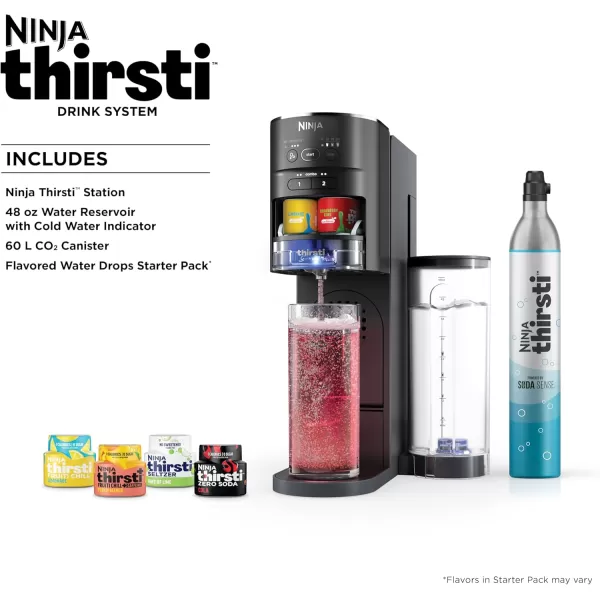 Ninja Thirsti Drink System Soda Maker Create Unique Sparkling ampamp Still Drinks Personalize Size ampamp Flavor Carbonated Water Machine 60L CO2 Cylinder ampamp Variety of Flavored Water Drops Black WC1001Black