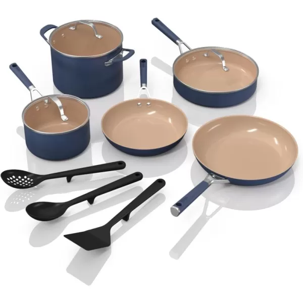 Ninja Ceramic Cookware Set Extended Life 11Piece Kitchen Cookware Sets with Comfort Grip Nonstick Fry Pans Pots PTFE Free Oven ampamp Dishwasher Safe Stovetop Compatible Navy Blue CW49011