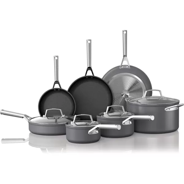 Ninja Cookware 12Piece Cookware Set Fry Pan Sauce Pan Saut Pan Glass Lid Stock Pot Foodi NeverStick Premium HardAnodized Nonstick Oven Safe Durable Pans Slate Grey C39800