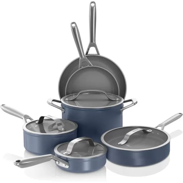 Ninja NeverStick Ceramic Pro 10Piece Cookware Set NonStick Pots ampamp Pans Set with Glass Lids Ceramic Coated Stainless Steel Handles Oven Safe All Stovetops ampamp Induction Compatible Blue CW39010MM