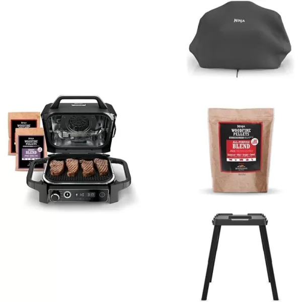 Ninja OG751BRN Woodfire Pro Outdoor Grill and Smoker with Built in Thermometer 7 in 1 Master Grill Grey Electric with XSKCOVER Cover  XSKOP2RL All Purpose Blend PelletsXSKUNSTAND StandCover  2lb Pellets  Stand