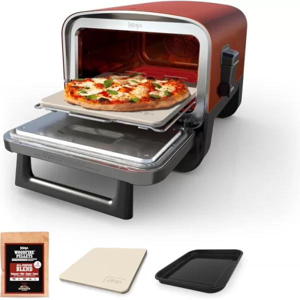 Ninja Woodfire Outdoor Pizza Oven 8in1 Portable Electric Roaster Oven Heats up to 700F 5 Artisan Pizza Settings Integrated BBQ Smoker Box Includes Flavored Wood Pellets Terracotta RedWoodfire Outdoor Oven