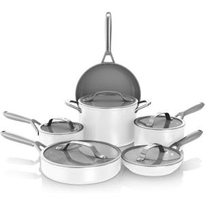 imageNinja Ceramic Pro 11Piece Cookware Set NonStick Pots ampamp Pans Set with Glass Lids Nontoxic PTFE Free Ceramic Coated Oven Safe All Stovetops ampamp Induction Compatible Midnight Blue CW39011MMWhite