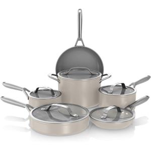 imageNinja Ceramic Pro 11Piece Cookware Set NonStick Pots ampamp Pans Set with Glass Lids Nontoxic PTFE Free Ceramic Coated Oven Safe All Stovetops ampamp Induction Compatible Stone CW39011ST11pcStone