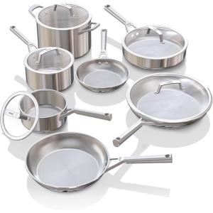 imageNinja EverClad Stainless Steel Cookware 7 Piece Pots ampamp Pans Set Cookware Set All Stovetops ampamp Induction Oven Safe to 600F TriPly CommercialGrade C9900712  Piece Set