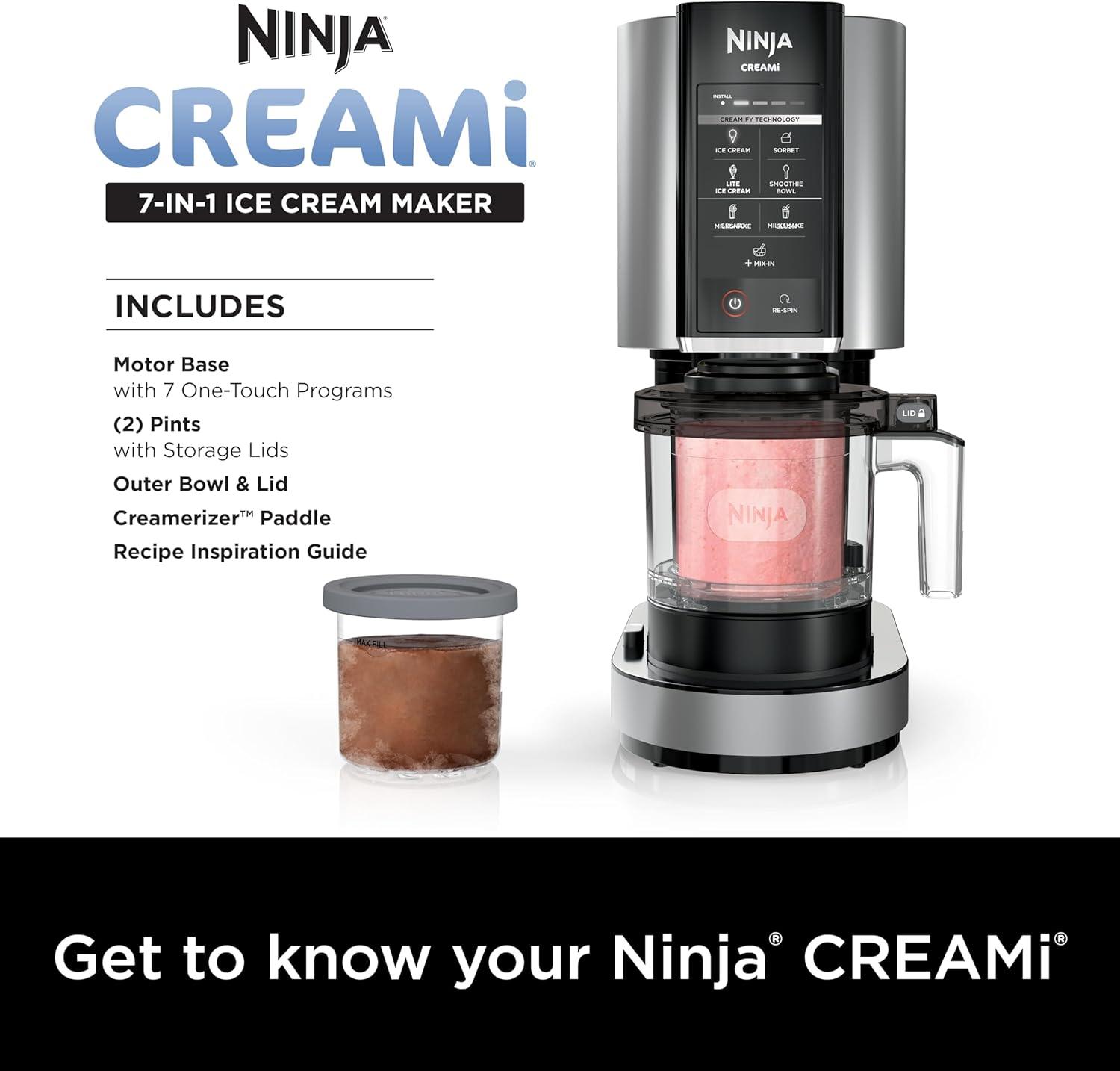 imageNinja CREAMi Ice Cream Maker for Gelato Mixins Milkshakes Sorbet Smoothie Bowls 7 OneTouch Programs with 2 Pint Containers ampamp Lids Compact Size Perfect for Kids Blueberry Mint NC301MTSilver