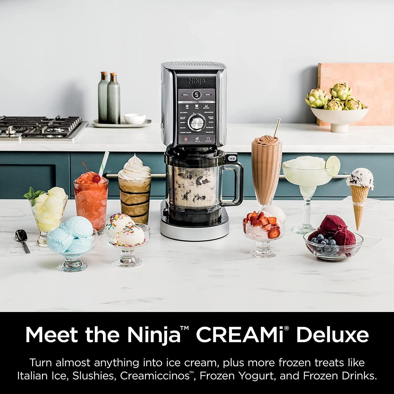 imageNinja NC501 CREAMi Deluxe 11in1 Ice Cream ampamp Frozen Treat Maker for Ice Cream Sorbet Milkshakes Frozen Drinks ampamp More 2 XL Family Size Pint Containers Blue RenewedNC501HGN