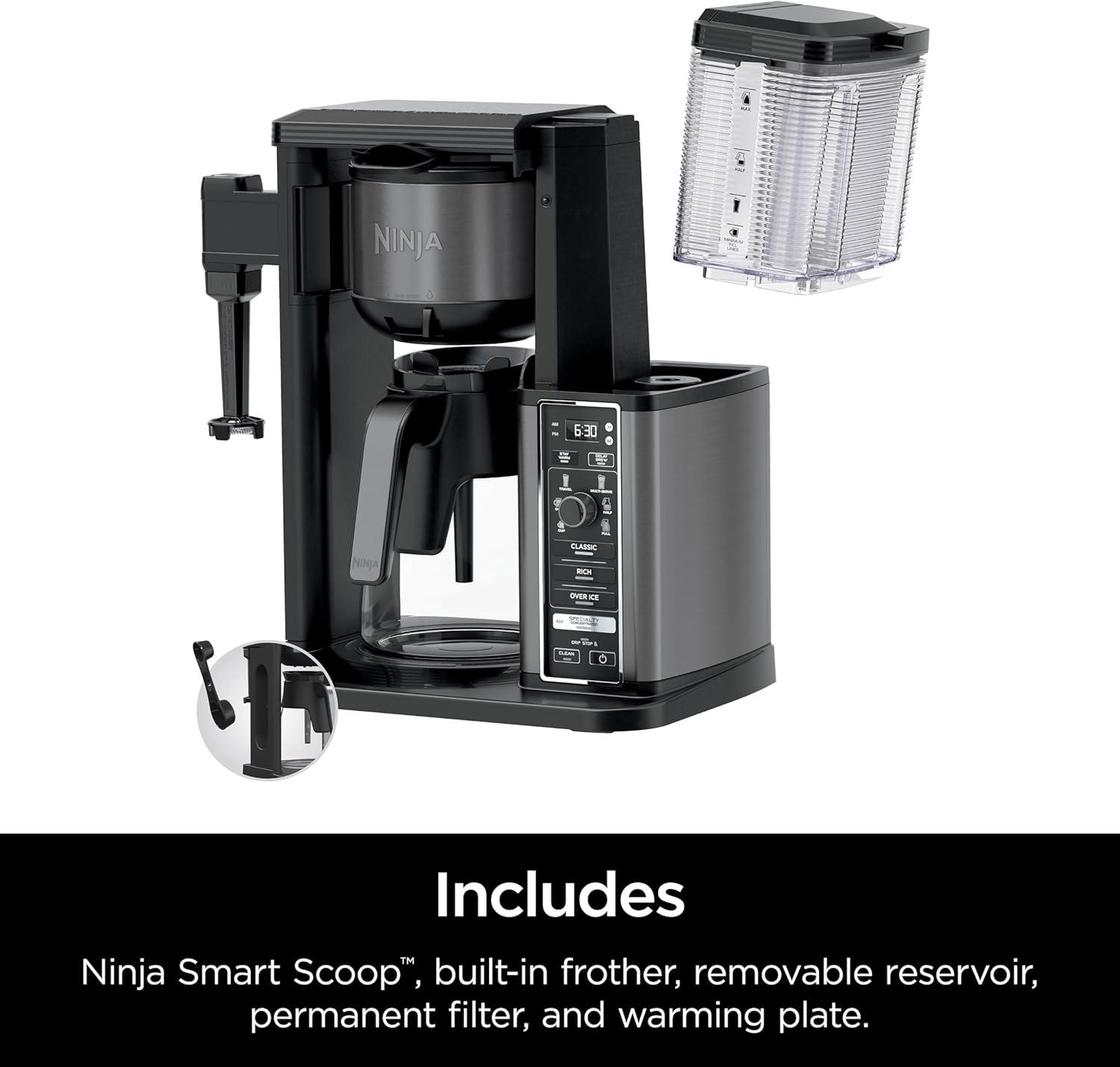 imageNinja Specialty Coffee Maker Hot ampamp Iced Coffee 6 Brew Styles 8 Sizes Small Cup to Travel Mug 10Cup Carafe FoldAway Frother Permanent Filter Removable Reservoir Stainless Black CM405A