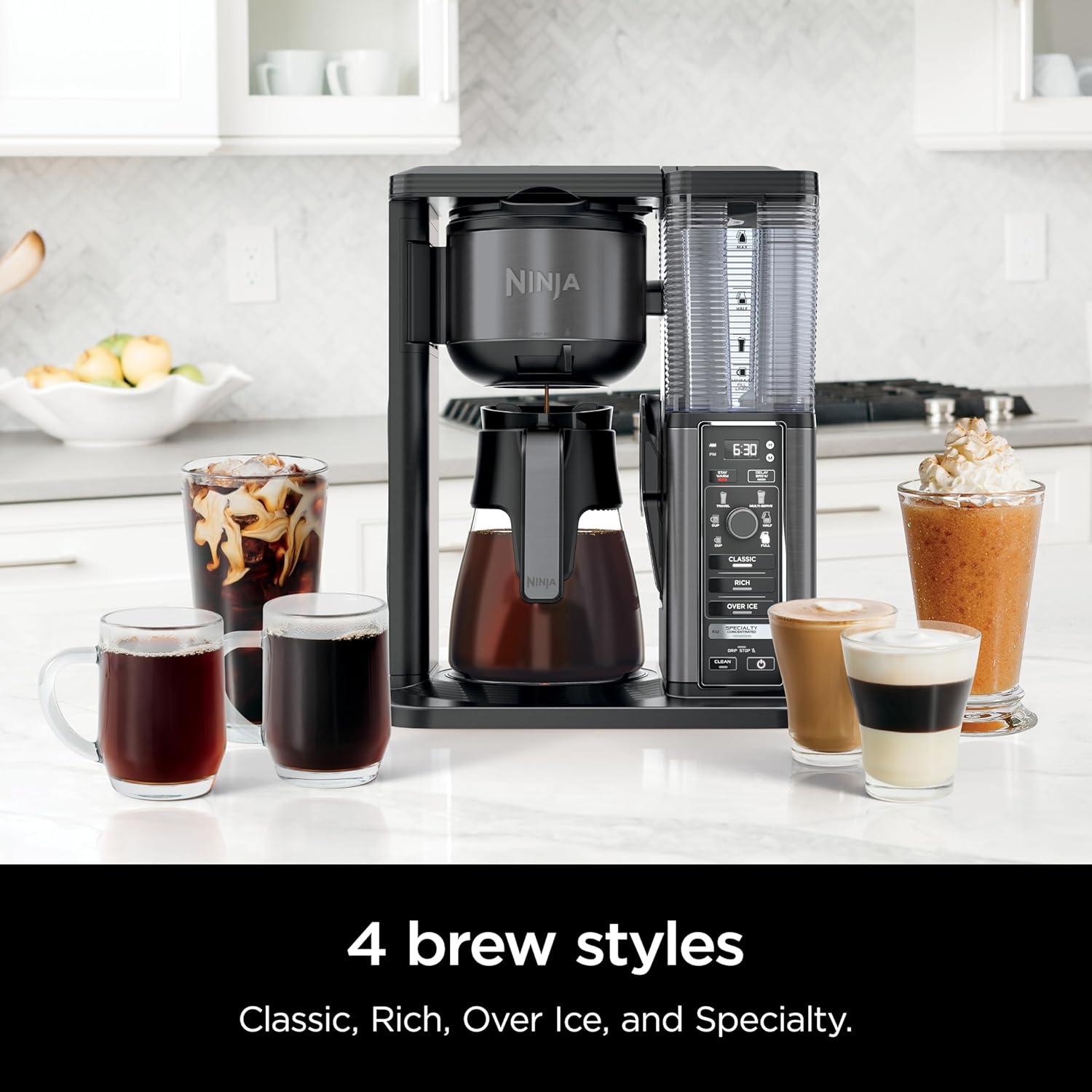 imageNinja Specialty Coffee Maker Hot ampamp Iced Coffee 6 Brew Styles 8 Sizes Small Cup to Travel Mug 10Cup Carafe FoldAway Frother Permanent Filter Removable Reservoir Stainless Black CM405A