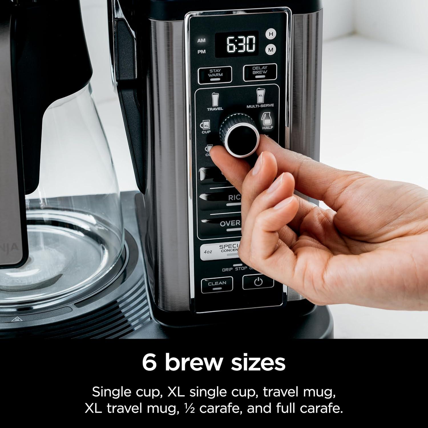 imageNinja Specialty Coffee Maker Hot ampamp Iced Coffee 6 Brew Styles 8 Sizes Small Cup to Travel Mug 10Cup Carafe FoldAway Frother Permanent Filter Removable Reservoir Stainless Black CM405A