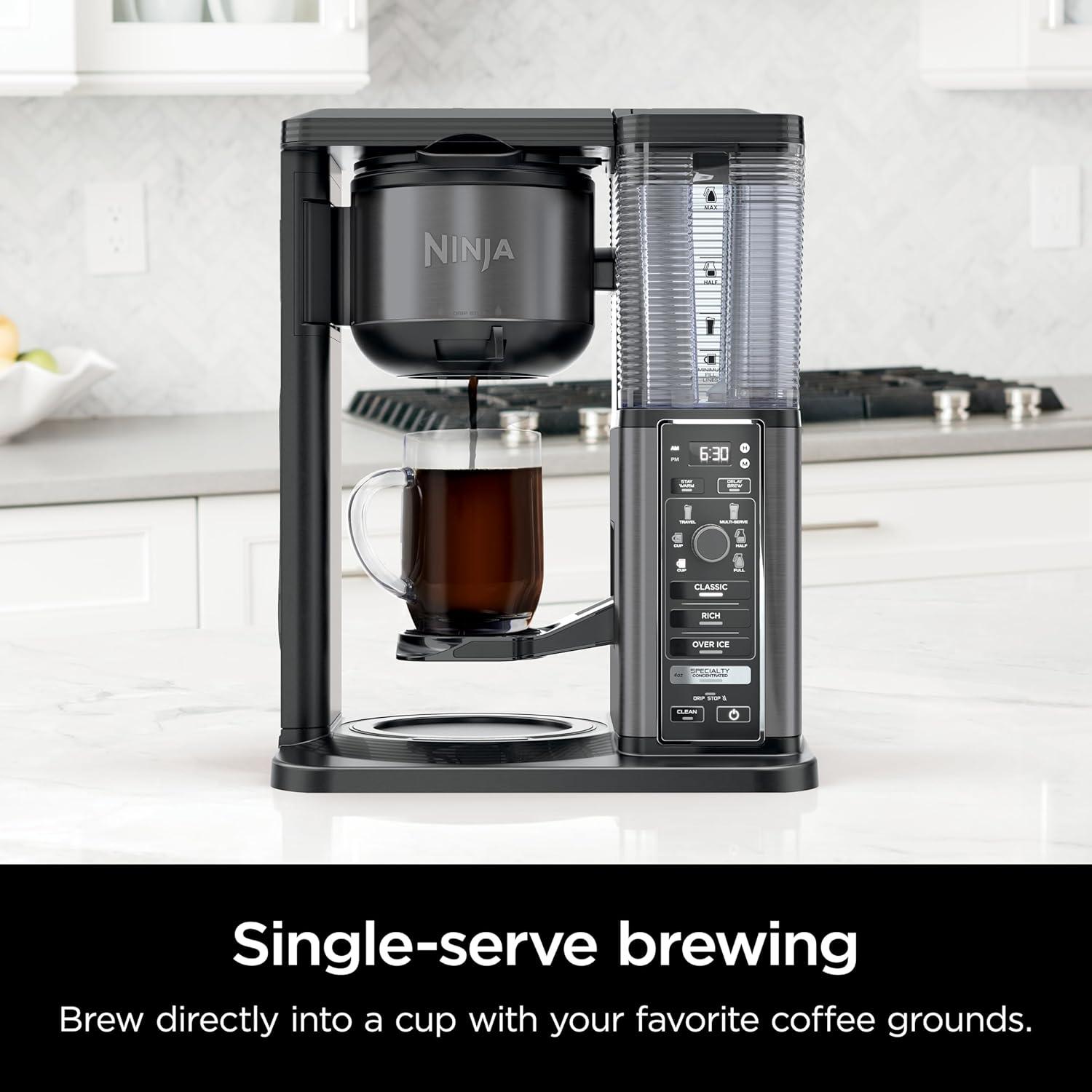 imageNinja Specialty Coffee Maker Hot ampamp Iced Coffee 6 Brew Styles 8 Sizes Small Cup to Travel Mug 10Cup Carafe FoldAway Frother Permanent Filter Removable Reservoir Stainless Black CM405A