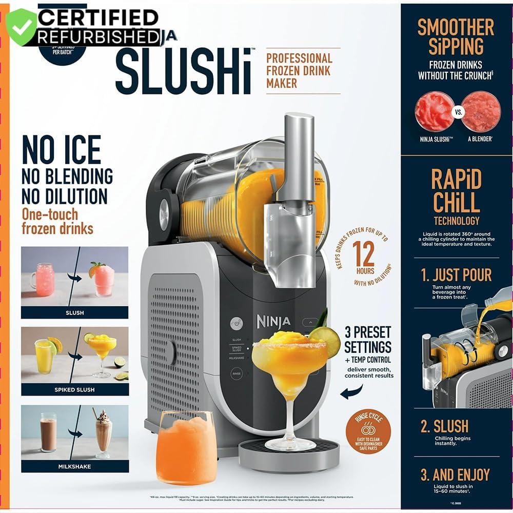 imageNinja FS300 SLUSHi 72oz Frozen Drink ampamp Slushie Machine Renewed Bundle with Deco Essentials Collapsable Water Bottle BPA Free 24oz GrayStainless and 1 YR CPS Enhanced Protection Pack