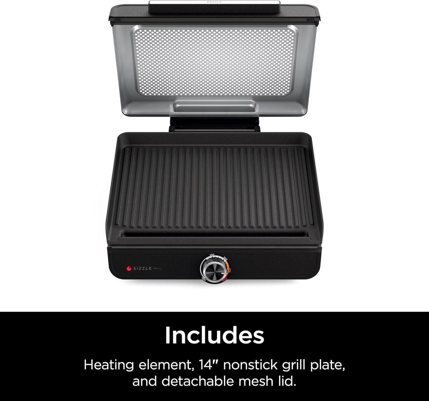 imageNinja GR101 Sizzle Smokeless Indoor Grill ampamp Griddle 14 Interchangeable Nonstick Plates DishwasherSafe Removable Mesh Lid 500F Max Heat Even EdgetoEdge Cooking GreySilver RenewedSizzle Indoor Grill