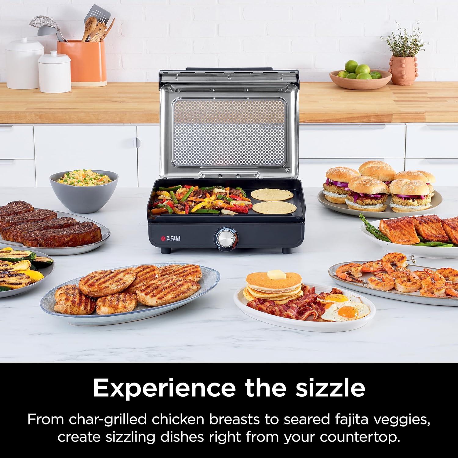 imageNinja GR101 Sizzle Smokeless Indoor Grill ampamp Griddle 14 Interchangeable Nonstick Plates DishwasherSafe Removable Mesh Lid 500F Max Heat Even EdgetoEdge Cooking GreySilver RenewedSizzle Indoor Grill  Griddle