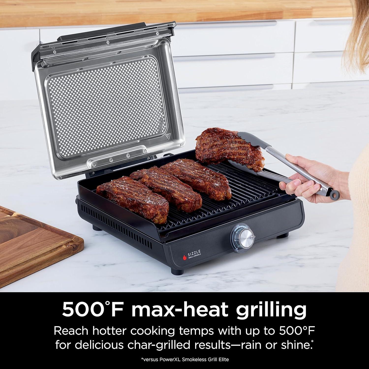 imageNinja GR101 Sizzle Smokeless Indoor Grill ampamp Griddle 14 Interchangeable Nonstick Plates DishwasherSafe Removable Mesh Lid 500F Max Heat Even EdgetoEdge Cooking GreySilver RenewedSizzle Indoor Grill  Griddle