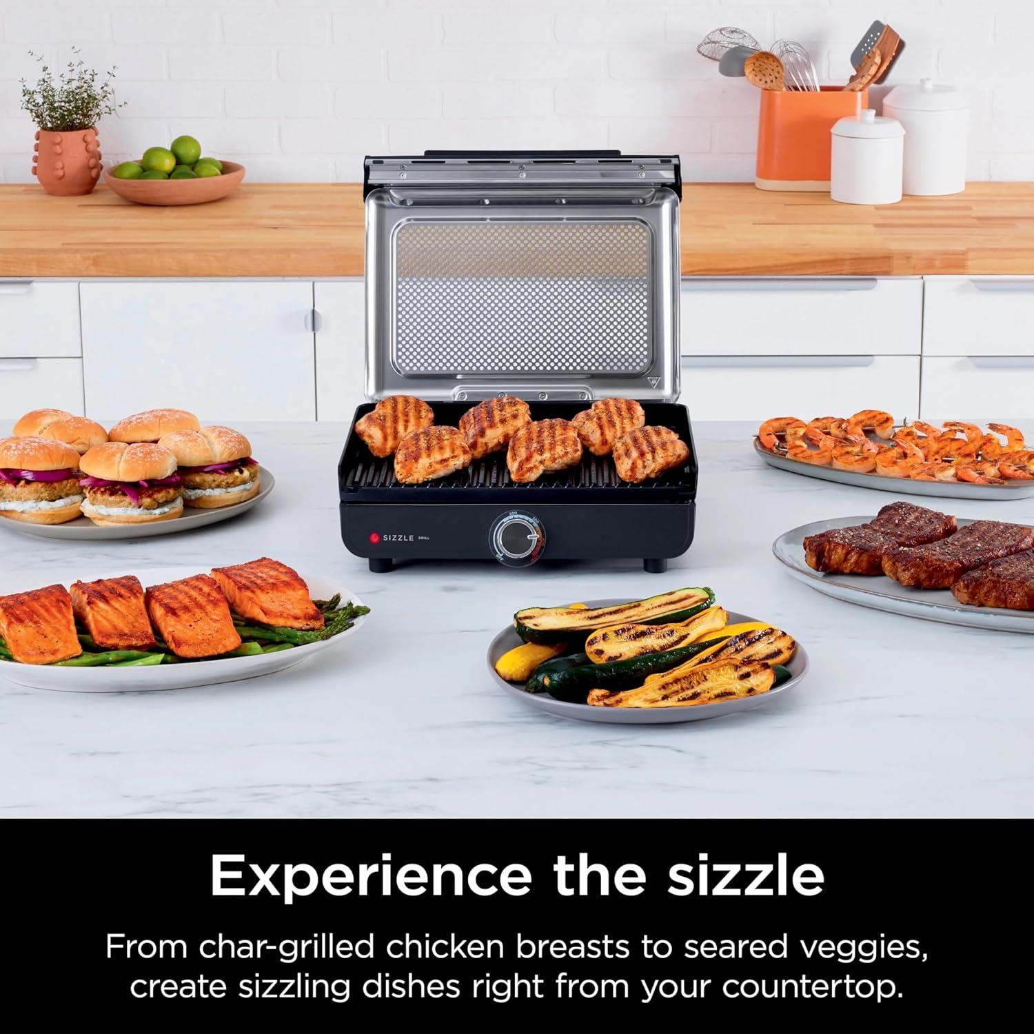 imageNinja GR101 Sizzle Smokeless Indoor Grill ampamp Griddle 14 Interchangeable Nonstick Plates DishwasherSafe Removable Mesh Lid 500F Max Heat Even EdgetoEdge Cooking GreySilver RenewedSizzle Indoor Grill