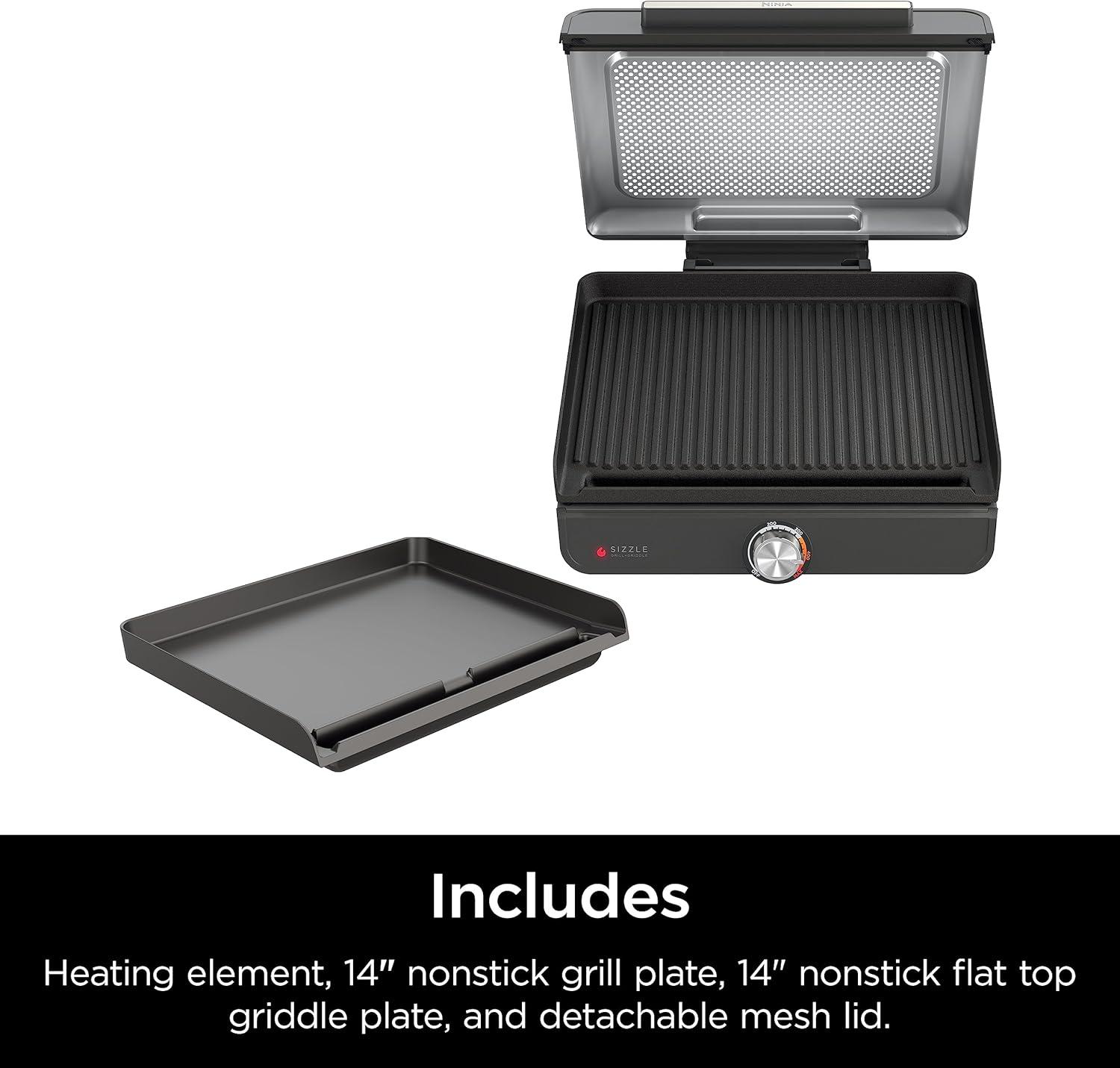 imageNinja GR101 Sizzle Smokeless Indoor Grill ampamp Griddle 14 Interchangeable Nonstick Plates DishwasherSafe Removable Mesh Lid 500F Max Heat Even EdgetoEdge Cooking GreySilver RenewedSizzle Indoor Grill  Griddle