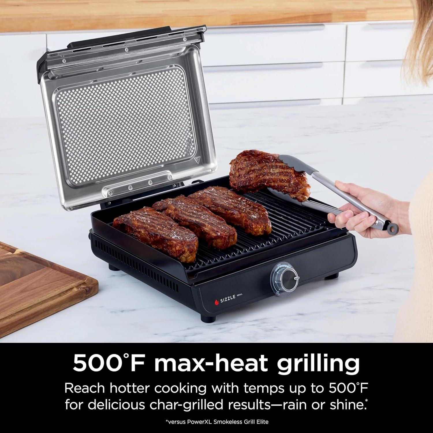 imageNinja GR101 Sizzle Smokeless Indoor Grill ampamp Griddle 14 Interchangeable Nonstick Plates DishwasherSafe Removable Mesh Lid 500F Max Heat Even EdgetoEdge Cooking GreySilver RenewedSizzle Indoor Grill