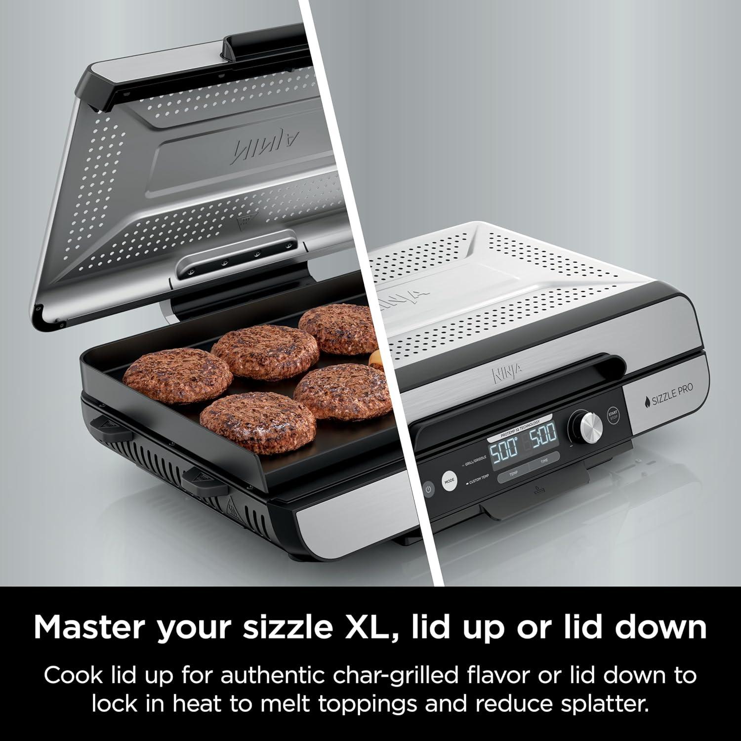 imageNinja Sizzle Pro XL 20Inch Indoor Griddle  Grill Detachable Ventilated Lid Grease Control Ceramic Nonstick Plates Even EdgetoEdge Cooking Extra Large Capacity Versatile Silver GX101