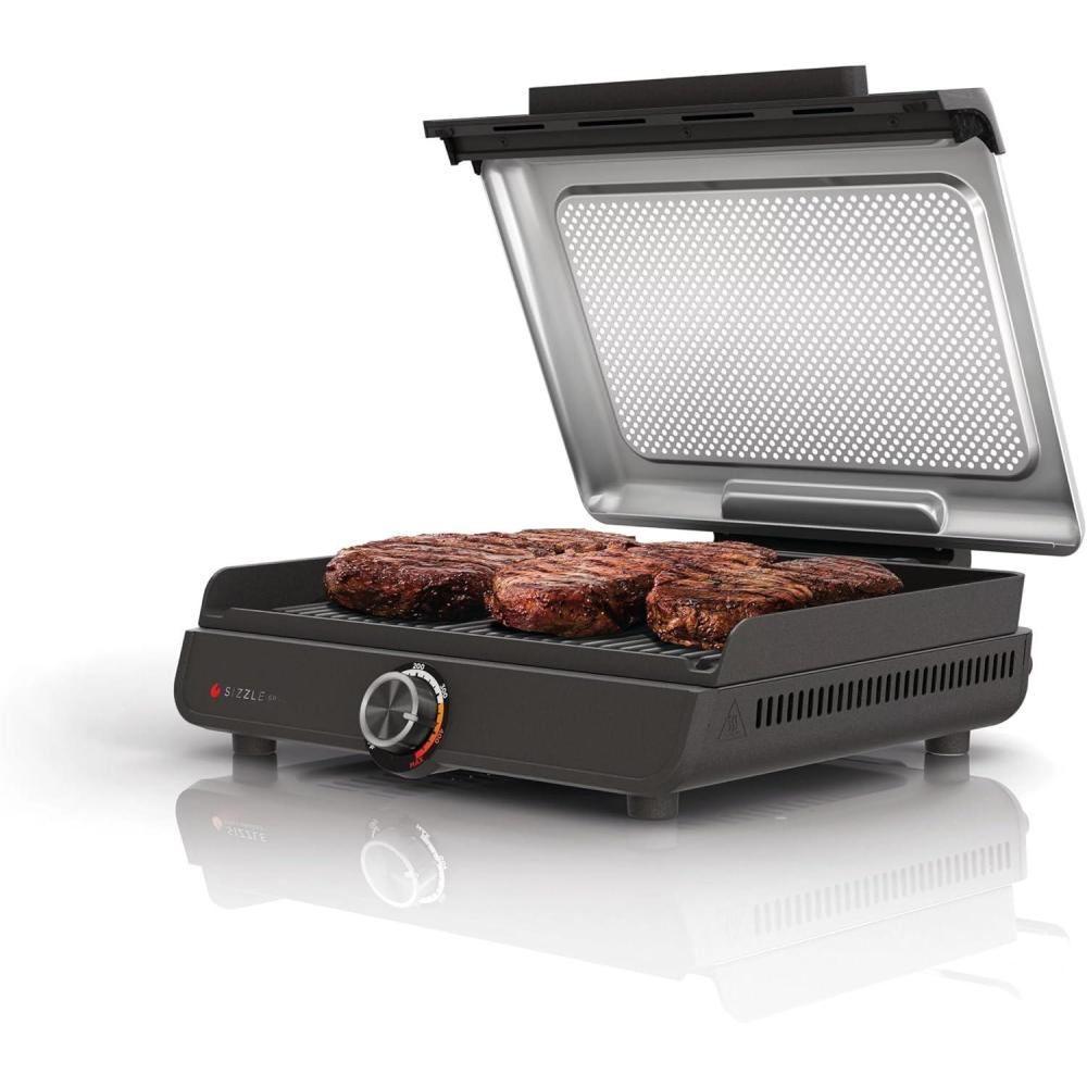imageNinja GR101 Sizzle Smokeless Indoor Grill ampamp Griddle 14 Interchangeable Nonstick Plates DishwasherSafe Removable Mesh Lid 500F Max Heat Even EdgetoEdge Cooking GreySilver RenewedSizzle Indoor Grill