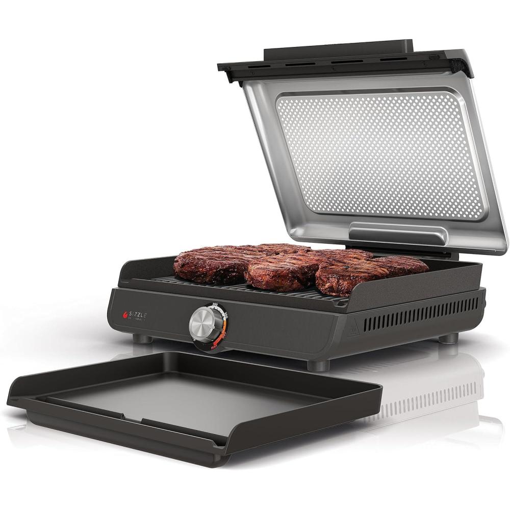imageNinja GR101 Sizzle Smokeless Indoor Grill ampamp Griddle 14 Interchangeable Nonstick Plates DishwasherSafe Removable Mesh Lid 500F Max Heat Even EdgetoEdge Cooking GreySilver RenewedSizzle Indoor Grill  Griddle