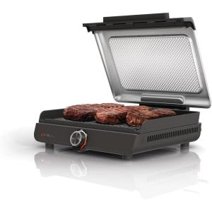 imageNinja GR101 Sizzle Smokeless Indoor Grill ampamp Griddle 14 Interchangeable Nonstick Plates DishwasherSafe Removable Mesh Lid 500F Max Heat Even EdgetoEdge Cooking GreySilver RenewedSizzle Indoor Grill