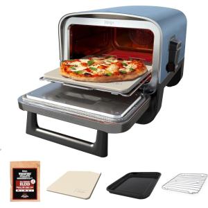imageNinja Woodfire Outdoor Pizza Oven 8in1 Portable Electric Roaster Oven Heats up to 700F 5 Artisan Pizza Settings Integrated BBQ Smoker Box Includes Flavored Wood Pellets Navy Renewed