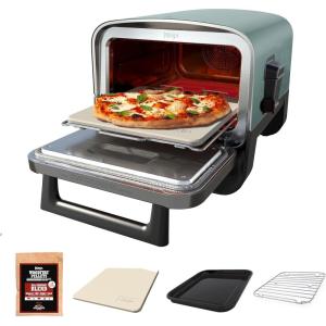 imageNinja Woodfire Outdoor Pizza Oven 8in1 Portable Electric Roaster Oven Heats up to 700F 5 Artisan Pizza Settings Integrated BBQ Smoker Box Includes Flavored Wood Pellets Pine Green Renewed