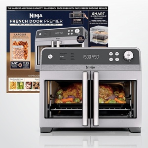 image:imageNinja  French Door Premier Air fry Oven  10in1 functions  203qt capacity  5qt Air Fry Basket Sheet Pan Wire Rack Broil Rack  PFASfree DishwasherSafe Accessories  Black  FO101BKSilver