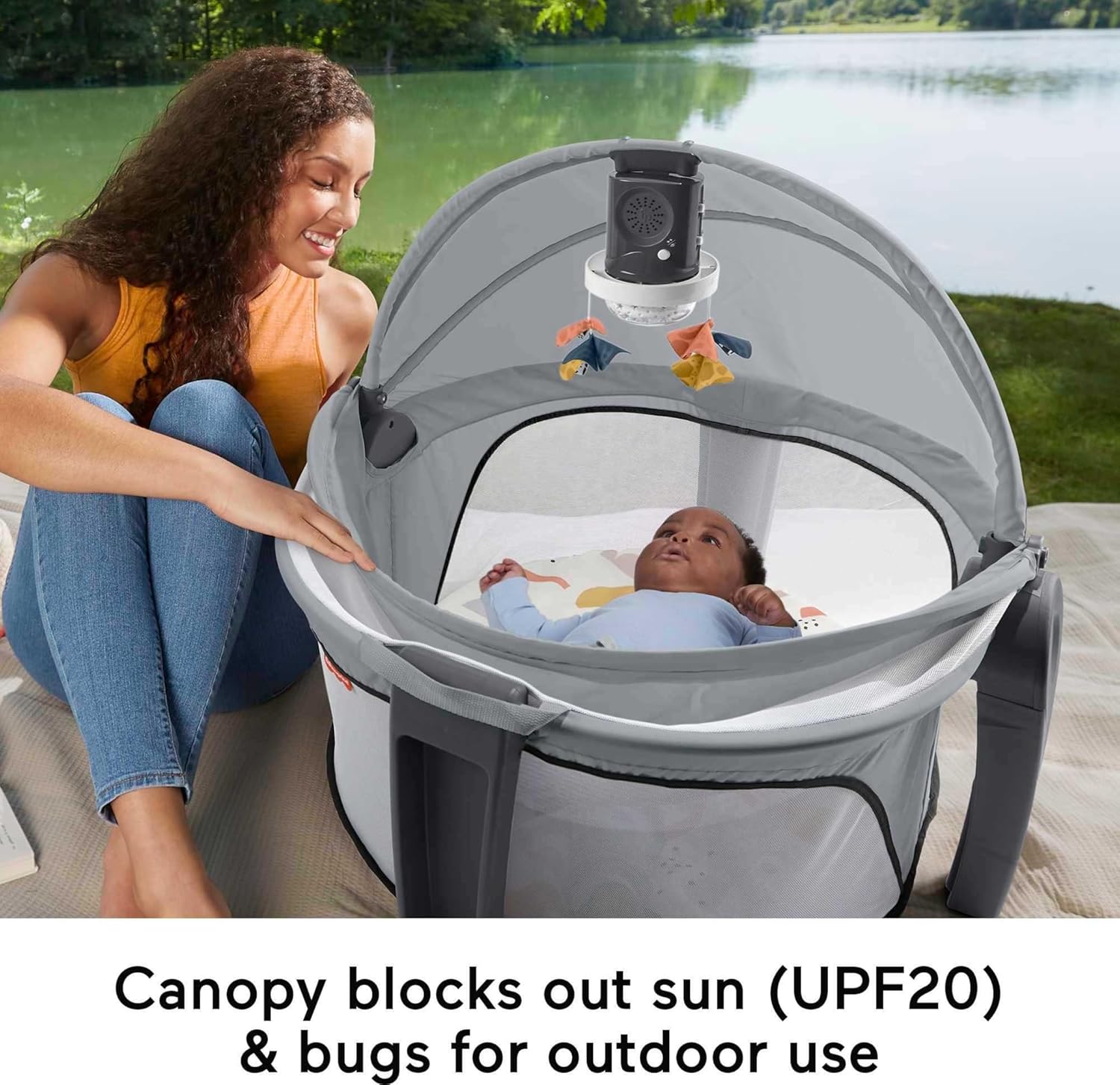 Fisher Price Portable Baby Bassinet Deluxe On The Go Projection Dome Travel Play Space for Newborns with Lights Music Canopy Paper Shapes Gray Fisher Price