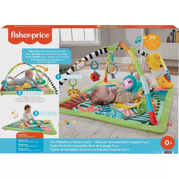 FisherPrice Baby Playmat 3in1 Rainforest Sensory Gym with Music ampamp Lights Tummy Wedge ampamp 5 Developmental Toys for Newborns 0 Months